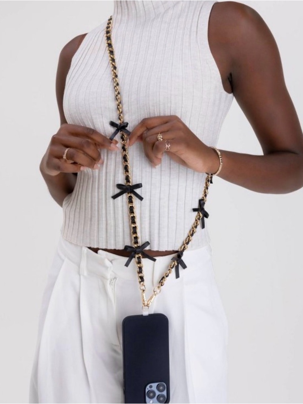 Black Ribbon-Accent Chain Crossbody for Phone